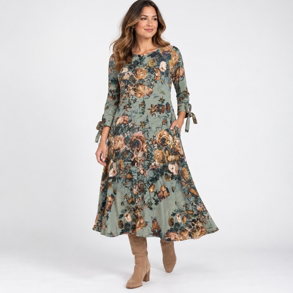 Peruvian Collection Floral Midi Dress Womens S Multicolor Tie Sleeve Stretch